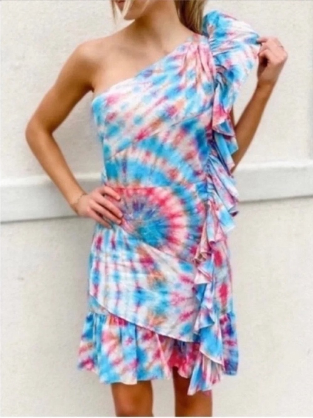 Alla Berman Leila One Shoulder Tie Dye Ruffle Mini Dress NWT